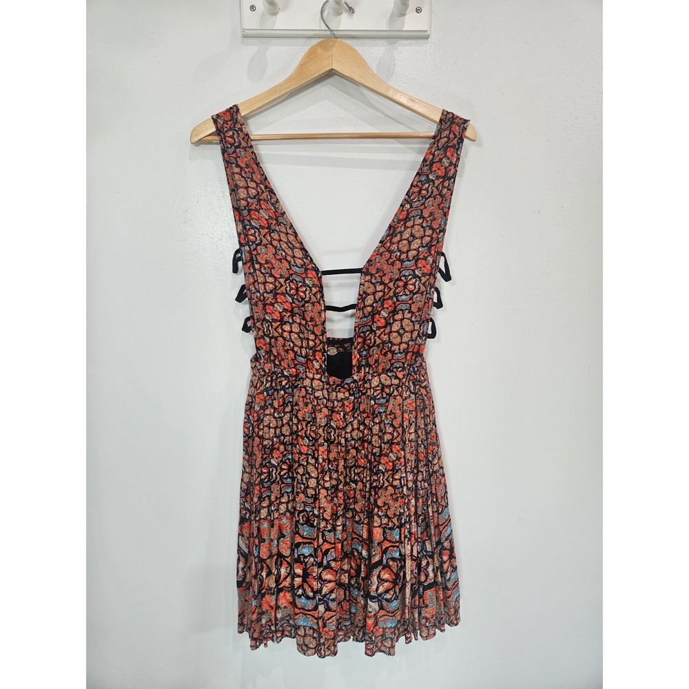 Free People FP One Floral Hand Printed Mini Dress Orange Blue Strappy V-Neck S